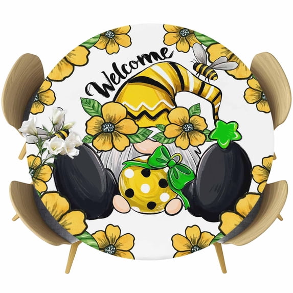 Flower Gnomes Round Tablecloth, Fitted Table Cover with Elastic for 55"-60" Round Tables, Country Pastoral Botanical Floral Star Bee Table Cloth Outdoor Indoor Dinning Party Waterproof Tablecloths