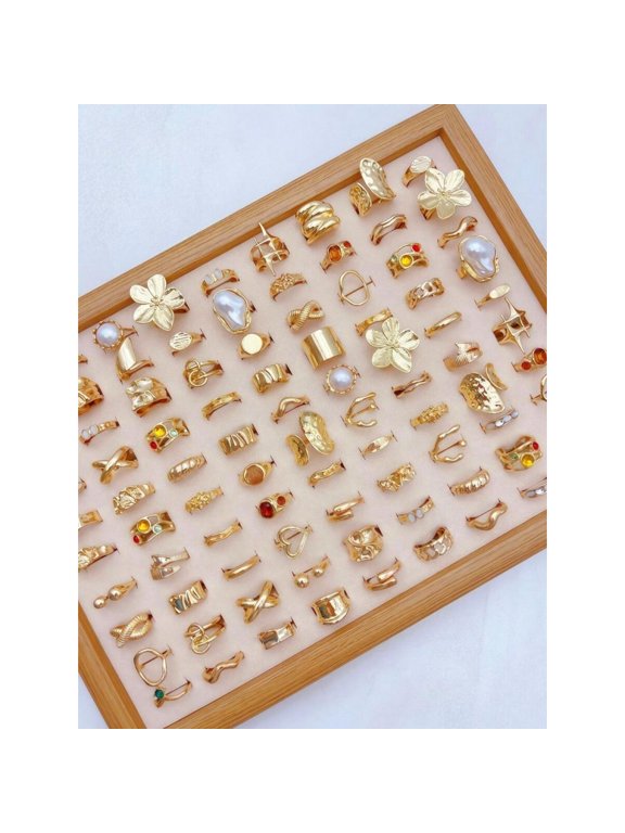 Flower Gold Ring Set: 15pcs Asymmetrical Floral Geometric Stackable Rings With Faux Pearls & Multicolor Gems