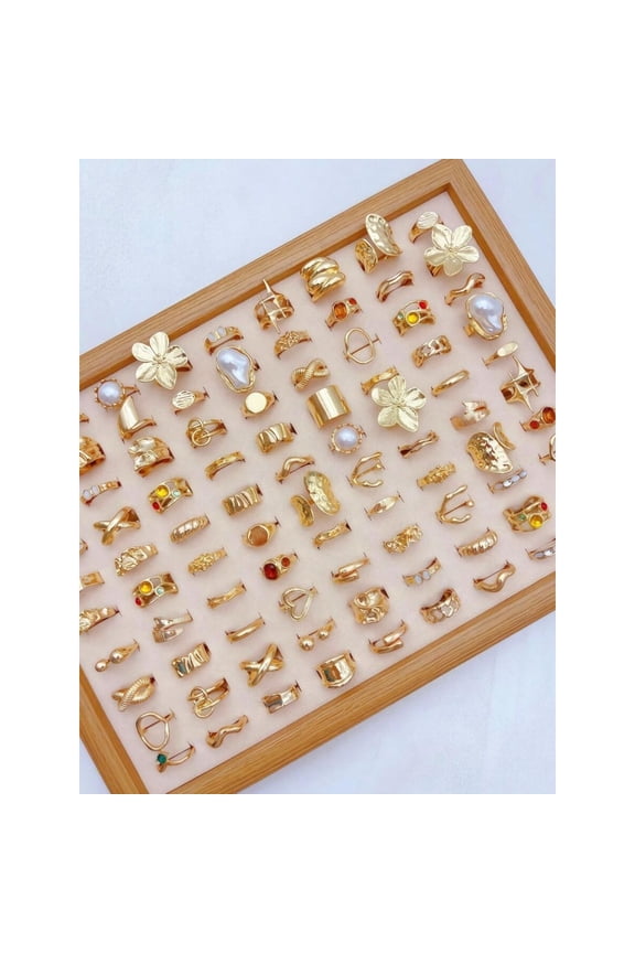 Flower Gold Ring Set: 15pcs Asymmetrical Floral Geometric Stackable Rings With Faux Pearls & Multicolor Gems