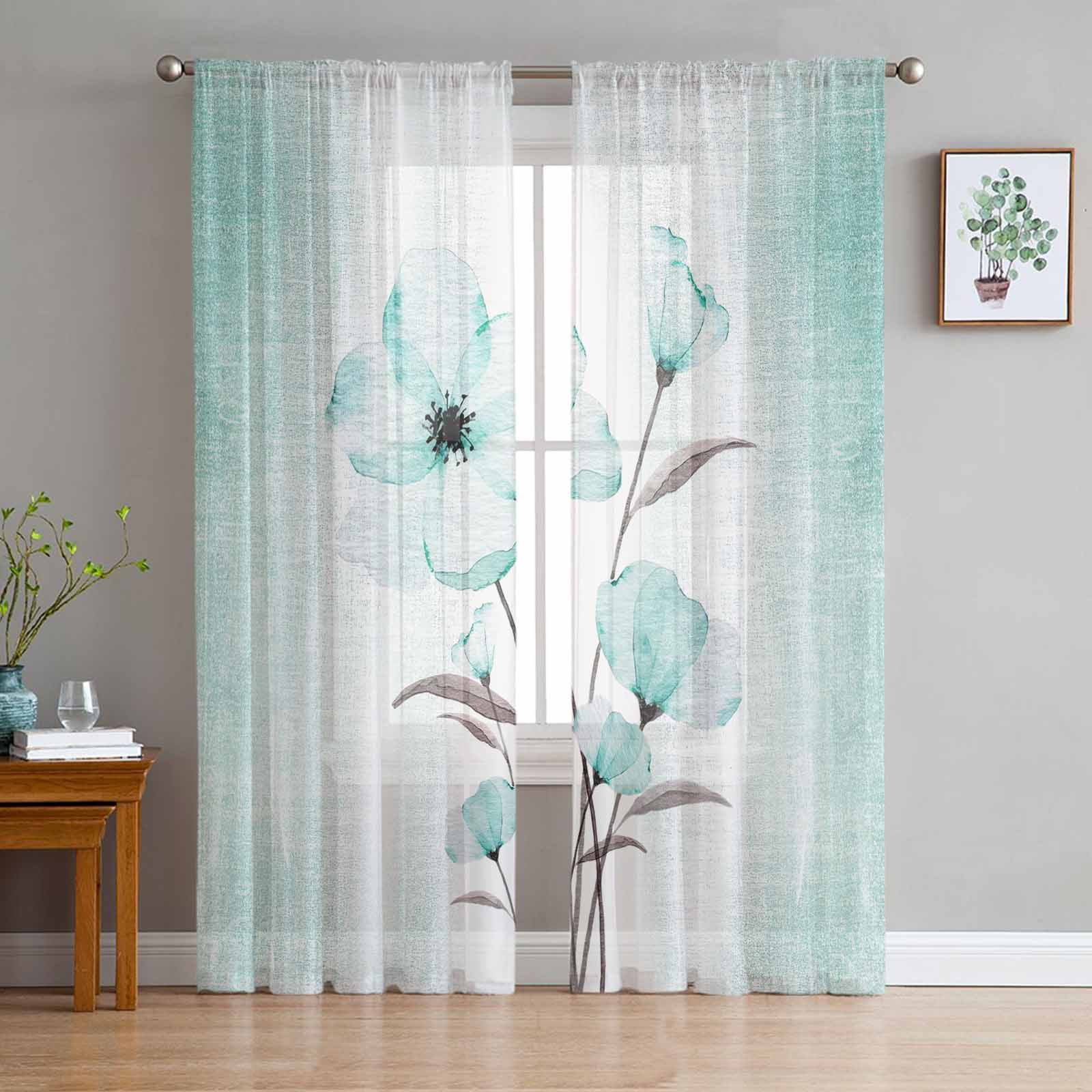 Flower Gradient Turquoise Sheer Tulle Curtains for Living Room Valance ...