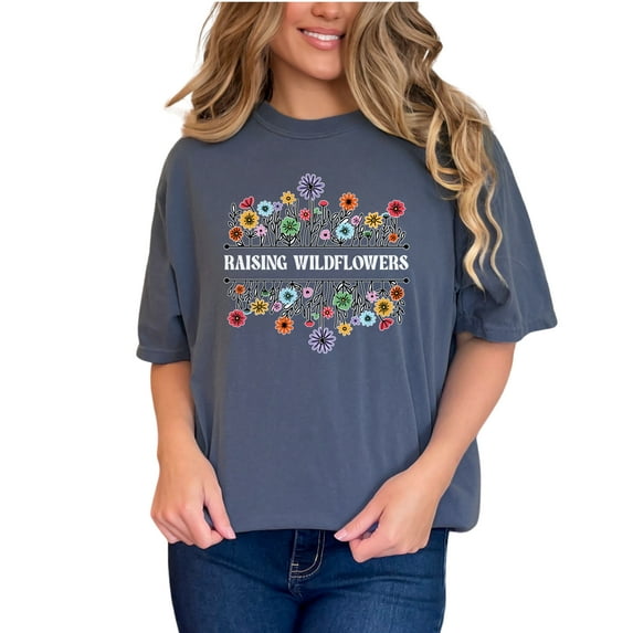 Flower Graphic T-Shirt, Raising Wildflowers Tee, Colorful Flower Print Top, Cute Floral Shirt, Casual Tee, Wildflower Design T-Shirt, Denim Comfort Colors T-Shirt, Small