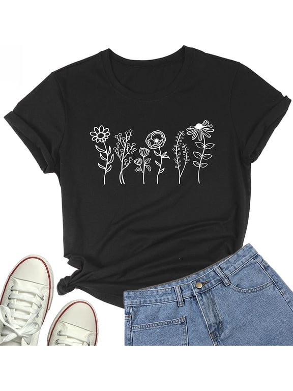 Flower Graphic T Shirt for Women Cute Floral Printed Shirt Tops