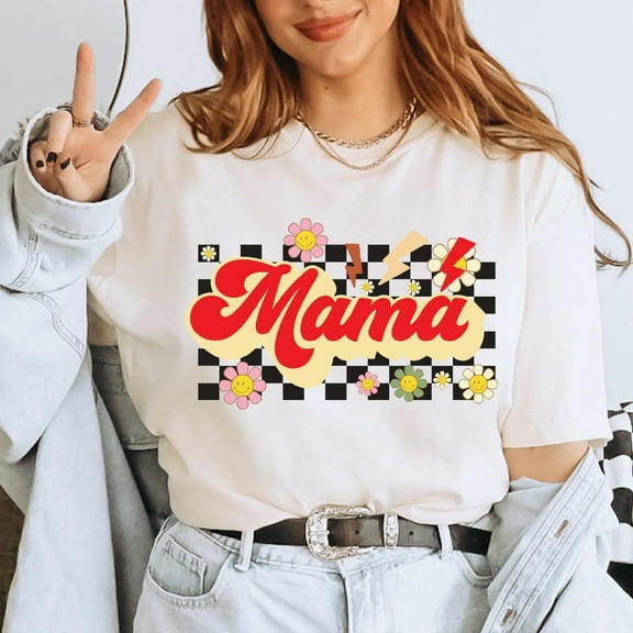 Flower Graphic Tee, Checkerboard Mama Tee, Vintage Style Mom Shirt, Lightning Bolt Mama Shirt, Funky Mama Shirt, Colorful Retro Momalc2314