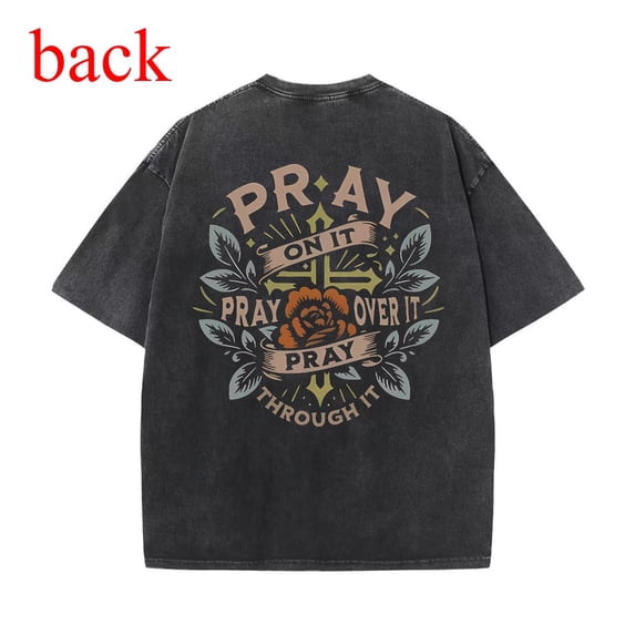 Flower Graphic Tee Washed Vintage T-Shirt Top, Fashion Casual Short Sleeve Cotton Black S-2XL Plus Size
