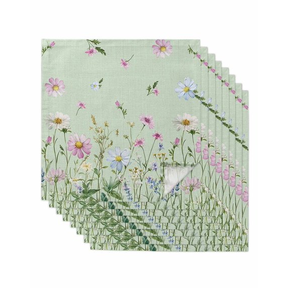 Flower Green Cloth Napkins Set of 8 Reusable Dinner Napkins, Blue Pink Daisy Wildflower Floral Botanical Cocktail Napkin Washable Table Napkins for Wedding/Holiday Party/Baby Shower 20"x20"