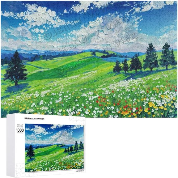 Flower Green Hill Cloud 1000 Piece Jigsaw Puzzle for Adults,Nature Scenery Wall Art Decor Beautiful Landscape Wall Decor for Bedroom Kitchen Office Home Wall Decor 30.7"x20.8"