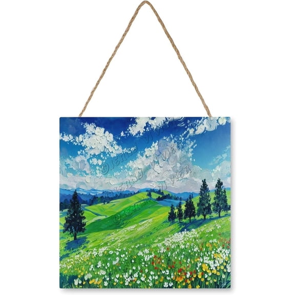 Flower Green Hill Cloud Decorative Wood Hanging Wood Plaque, Rustic Door Sign, Wall Decor Art, Housewarming Gift 12x12 inches