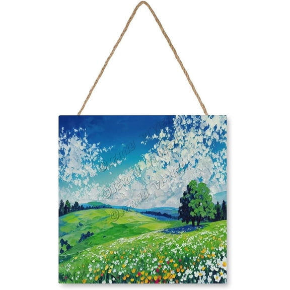Flower Green Hill Cloud Hanging Wood Sign Home Decorative, Rustic Farmhouse Wooden Wall Signs, Nature Wall Decor, Housewarming Gift 12x12 inches