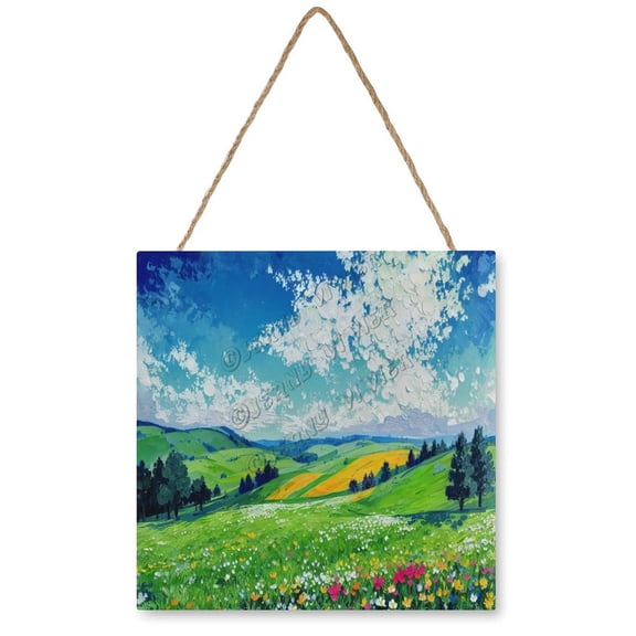 Flower Green Hill Cloud Home Signs Decor, Hanging Wood Sign Home Dcor, Wood Wall Art Plaques, Nature Wall Decor, Housewarming Gift 12x12 inches