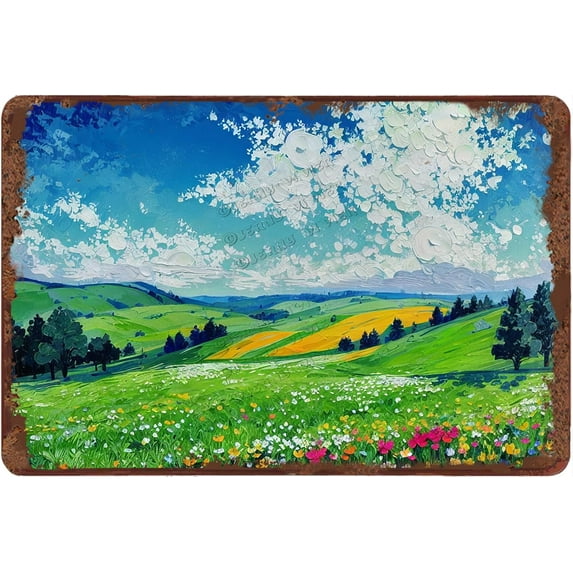 Flower Green Hill Cloud Natural Landscape Retro Aluminum Sign 12x8 in Metal Tin Sign Nature Wall Decor Boho Cafe Decor for Cafes Club Pub Wall Sign Gifts