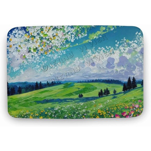 Flower Green Hill Cloud Print Bath Rug, Coral Velvet, 16"x24",Ultra Soft and Non-Slip Bathroom Rugs, Water Absorbent and Machine Washable