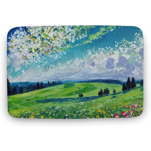 Flower Green Hill Cloud Print Bath Rug, Coral Velvet, 20"x32",Ultra Soft and Non-Slip Bathroom Rugs, Water Absorbent and Machine Washable