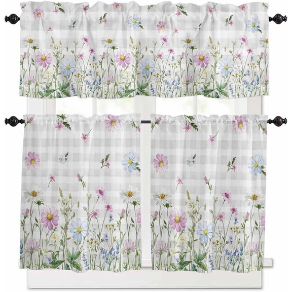Flower Green Kitchen Curtains, Blue Pink Daisy Wildflower Floral Botanical 3-Piece Kitchen Curtain Valance and Tiers Set 24 Inch Length, Rod Pocket Half Window Curtains for Cafe Living Room Bathroom
