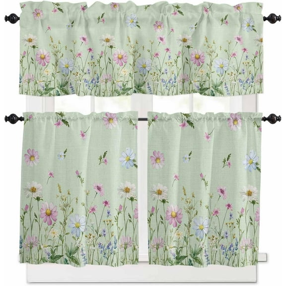 Flower Green Kitchen Curtains, Blue Pink Daisy Wildflower Floral Botanical 3-Piece Kitchen Curtain Valance and Tiers Set 24 Inch Length, Rod Pocket Half Window Curtains for Cafe Living Room Bathroom