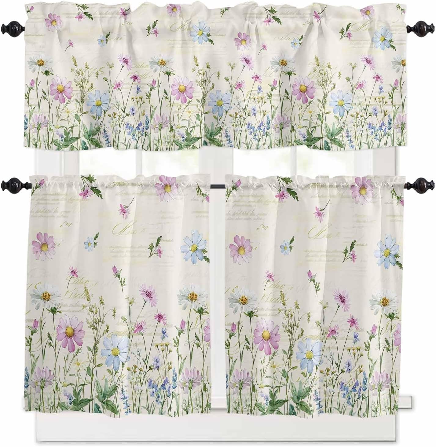 Flower Green Kitchen Curtains, Blue Pink Daisy Wildflower Floral Botanical 3-Piece Kitchen Curtain Valance and Tiers Set 36 Inch Length, Rod Pocket Half Window Curtains for Cafe Living Room Bathroom