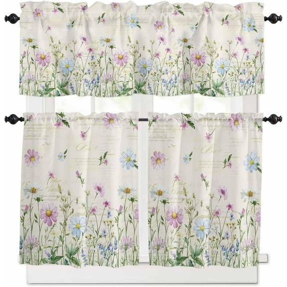 Flower Green Kitchen Curtains, Blue Pink Daisy Wildflower Floral Botanical 3-Piece Kitchen Curtain Valance and Tiers Set 36 Inch Length, Rod Pocket Half Window Curtains for Cafe Living Room Bathroom