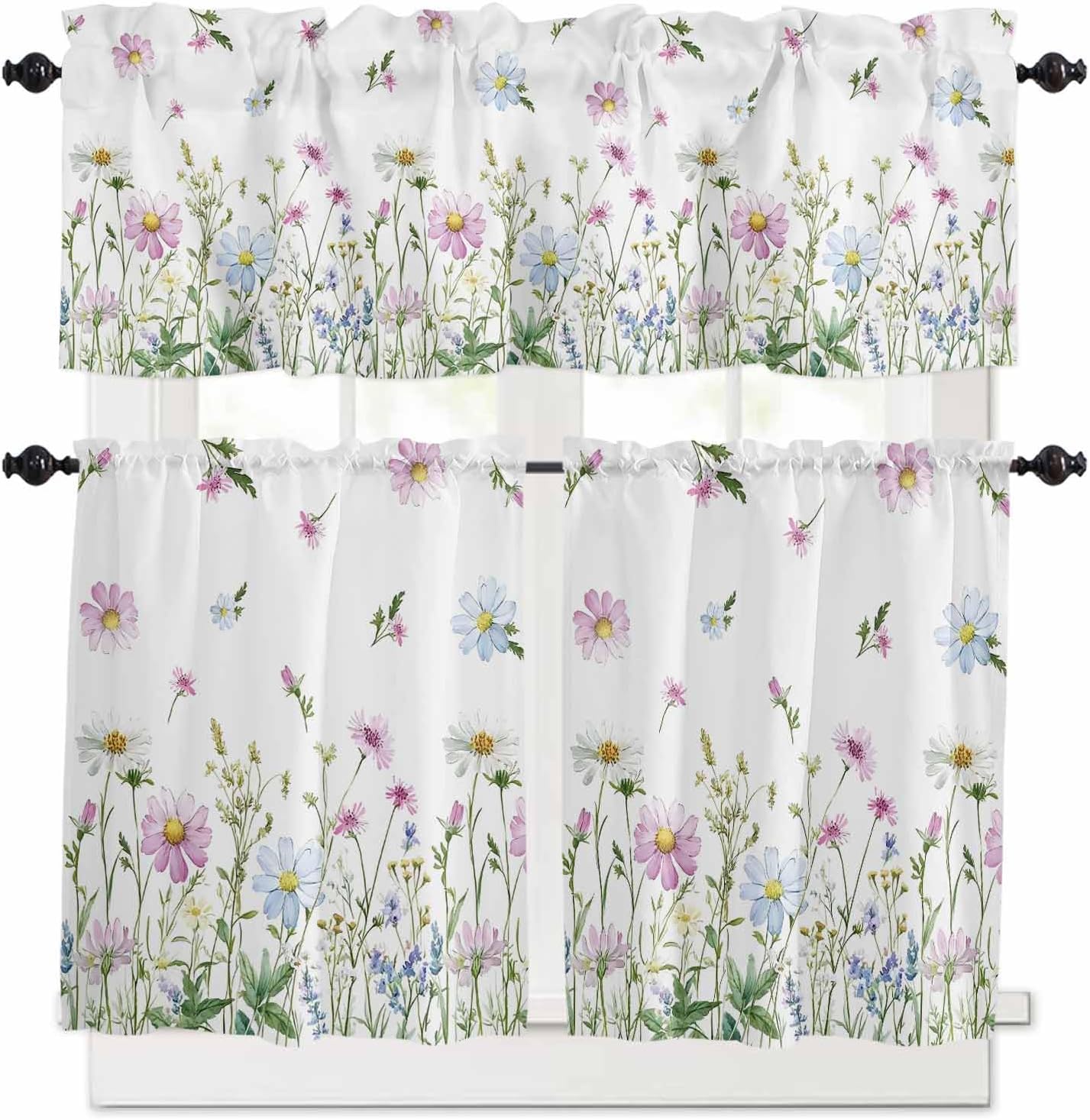 Flower Green Kitchen Curtains, Blue Pink Daisy Wildflower Floral Botanical 3-Piece Kitchen Curtain Valance and Tiers Set 36 Inch Length, Rod Pocket Half Window Curtains for Cafe Living Room Bathroom