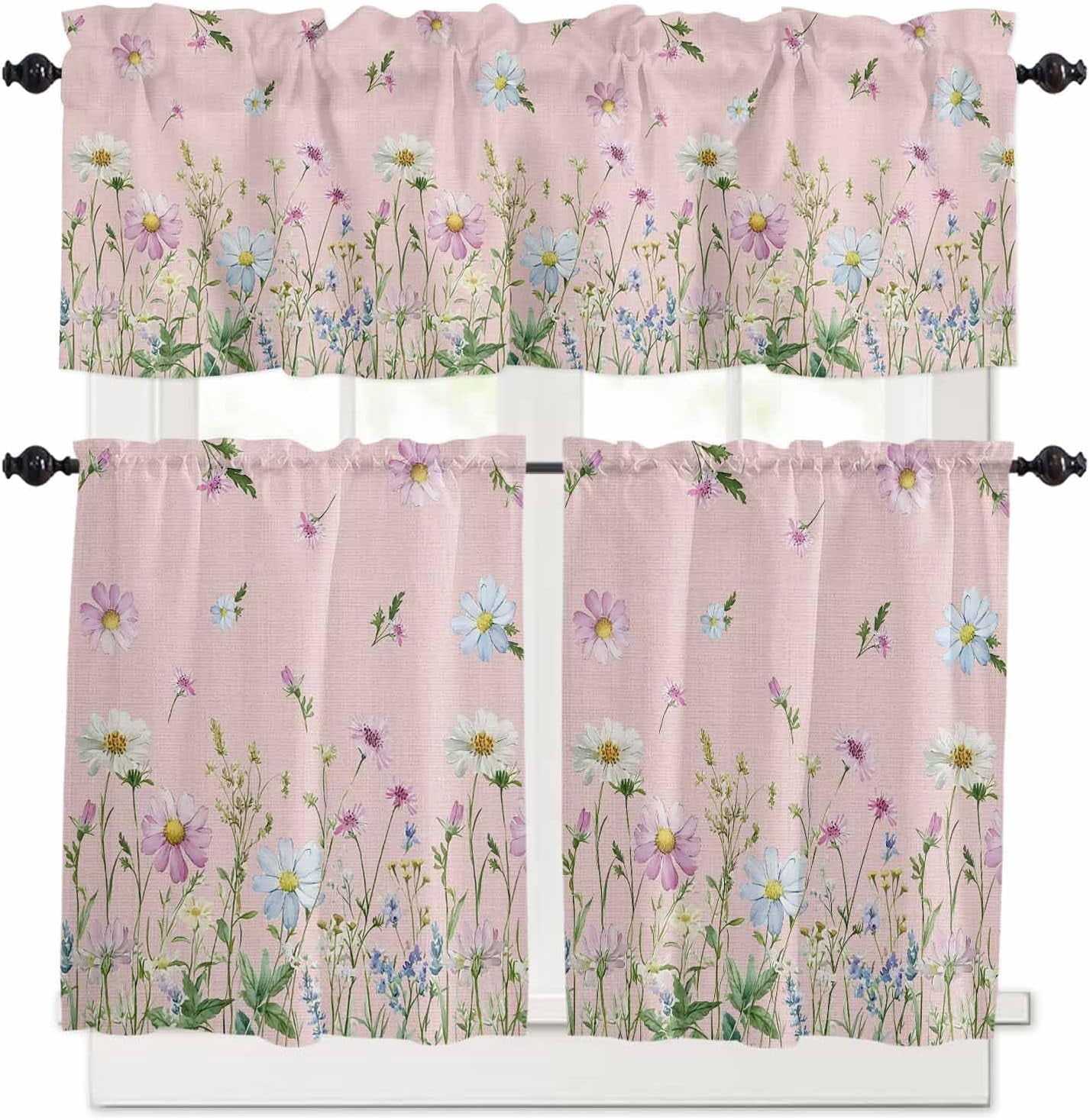 Flower Green Kitchen Curtains, Blue Pink Daisy Wildflower Floral Botanical 3-Piece Kitchen Curtain Valance and Tiers Set 36 Inch Length, Rod Pocket Half Window Curtains for Cafe Living Room Bathroom