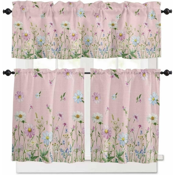Flower Green Kitchen Curtains, Blue Pink Daisy Wildflower Floral Botanical 3-Piece Kitchen Curtain Valance and Tiers Set 36 Inch Length, Rod Pocket Half Window Curtains for Cafe Living Room Bathroom