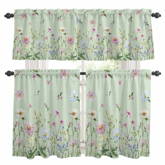 Flower Green Kitchen Curtains, Kitchen Curtains and Valances Set of 3, Blue Pink Daisy Wildflower Floral Botanical Light Filtering Tailored Tier Curtain 24 Inch Length Drapes for Cafe Sink Bedroom