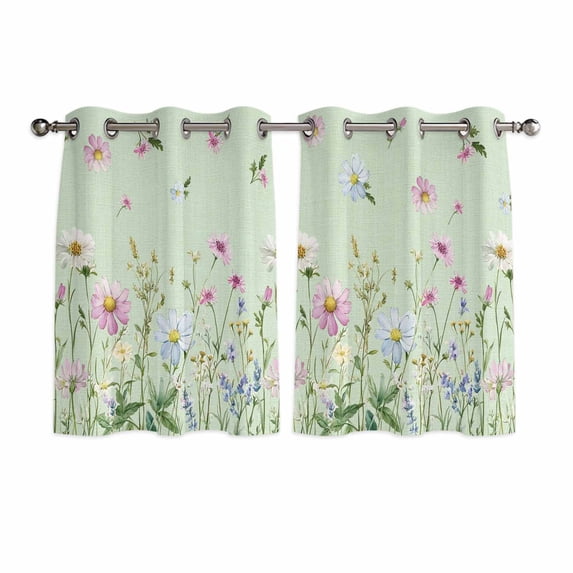 Flower Green Kitchen Curtains Short 54 Inch Length, Blue Pink Daisy Wildflower Floral Botanical Grommet Top Bedroom Living Room Curtains, Light Filtering Cafe Curtain Drapes 2 Panels Set 84''x54''