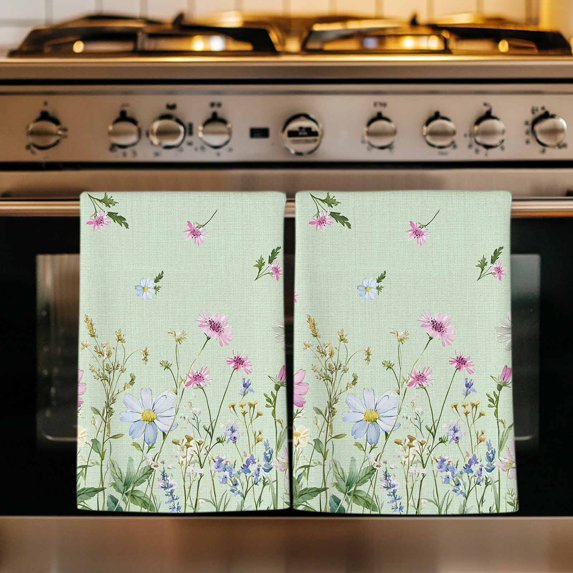 Flower Green Kitchen Towels Set of 2, Blue Pink Daisy Wildflower Floral Botanical Absorbent Dish Towels for Kitchen, Microfiber Hand Towel, Quick Drying Tea Towel for Cleaning Decorative Dishcloths
