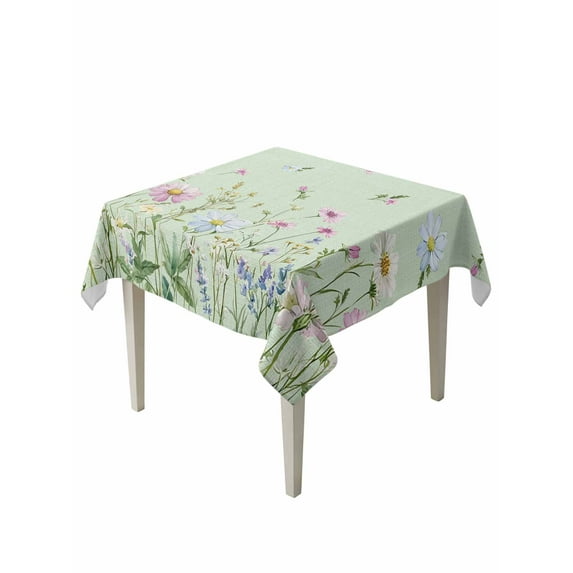 Flower Green Table Cloth, Blue Pink Daisy Wildflower Floral Botanical Waterproof Tablecloth for Square Tables, Reusable Washable Fabric Table Cover for Restaurant Kitchen Dining Tables 60"x60"