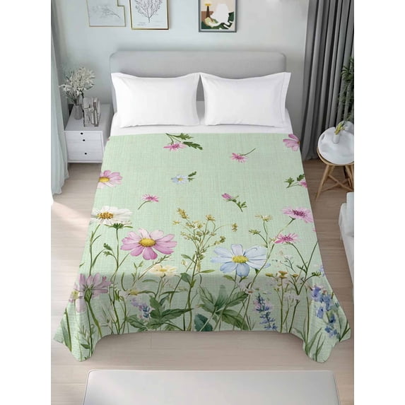 Flower Green Twim Size Flat Sheet, Wrinkleproof & Fadeproof Cooling Flat Bed Sheet Only, Blue Pink Daisy Wildflower Floral Botanical Breathable Soft Bedding Top Sheets 66 x 96 Inches
