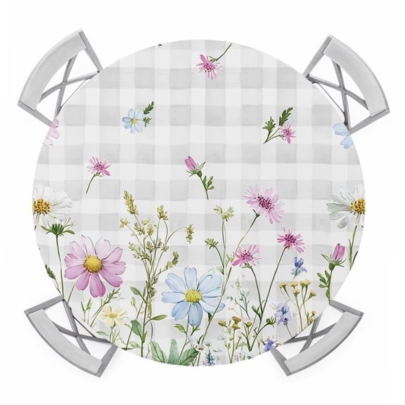 Flower Grey Round Tablecloth for 45-54 Inch Tables,Fitted Table Cover with Elastic Edge,Blue Pink Plaid Wildflower Botanical Country Waterproof Outdoor Table Cloth Protector for Patio Garden Dinner