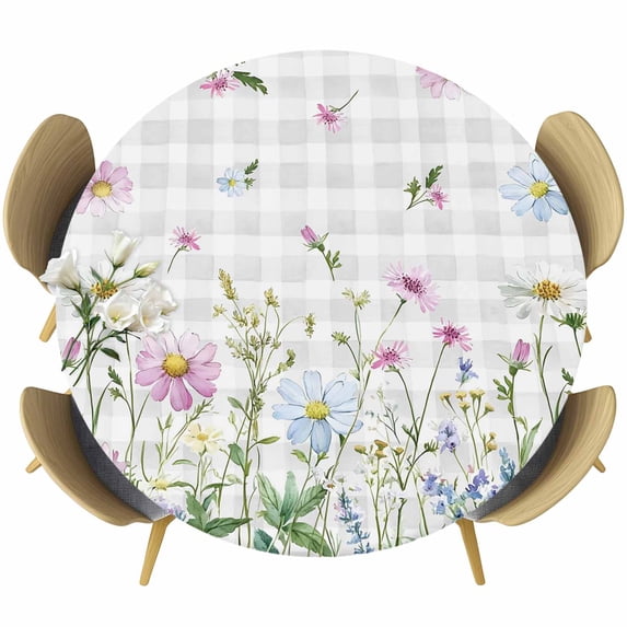 Flower Grey Round Tablecloth, Fitted Table Cover with Elastic for 36"-44" Round Tables, Blue Pink Plaid Wildflower Botanical Country Table Cloth Outdoor Indoor Dinning Party Waterproof Tablecloths