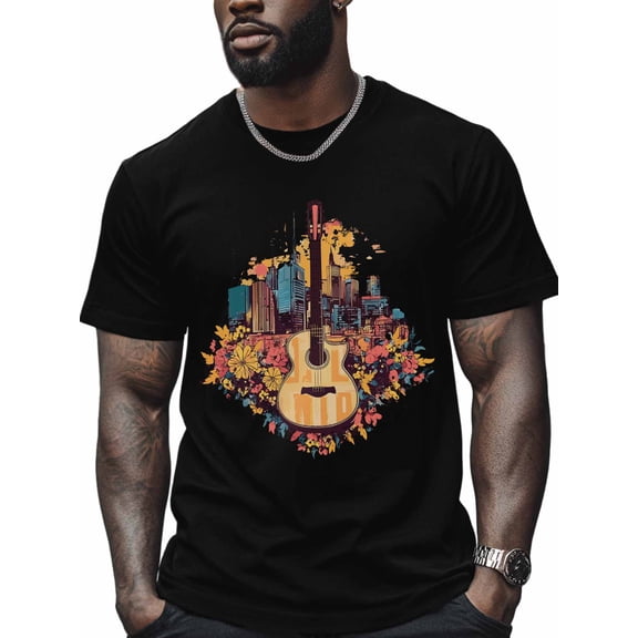 Flower Guitar City Men's T Shirts T-Shirt for Men Crew Neck Tees Cotton Tops, Black, L
