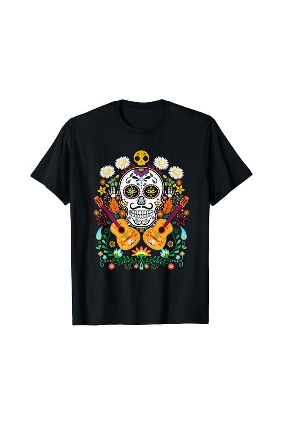 Flower Guitar Skull Day Of The T-Shirt Mariachi
