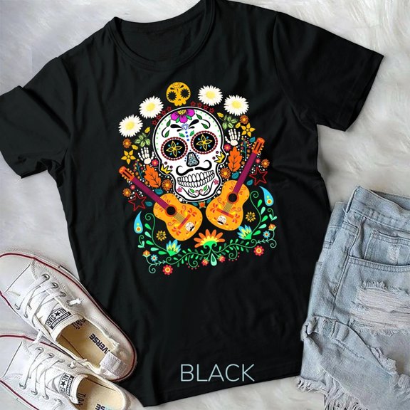 Flower Guitar Skull T-Shirt Gifts Unisex cotton crewneck cansuals