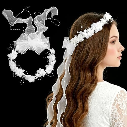 Flower Hair Accessory with Long Bow, White Flower Headpiece  Wedding Headband for First Communion Veil  Headband for Wedding Birthday Party Hair Accessories