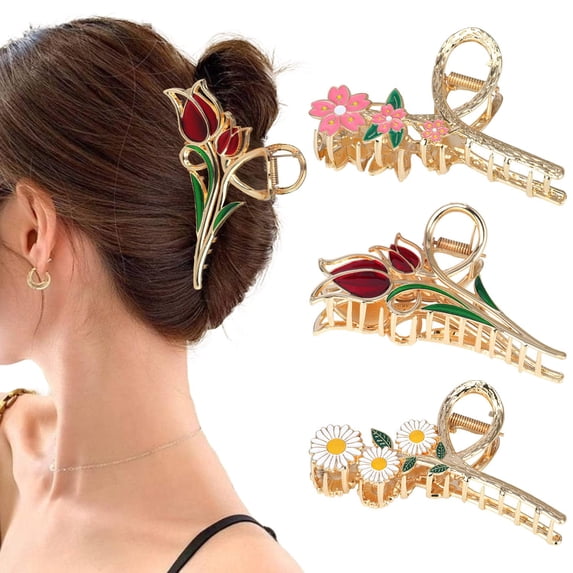 Flower Hair Claw Clips Metal Large Non-Slip Strong Hold Hair Jaw Clips Floral Hair Barrettes Fashion Hair Accessories for Women and Girls With Long Thick Thin Curly Hair (B)
