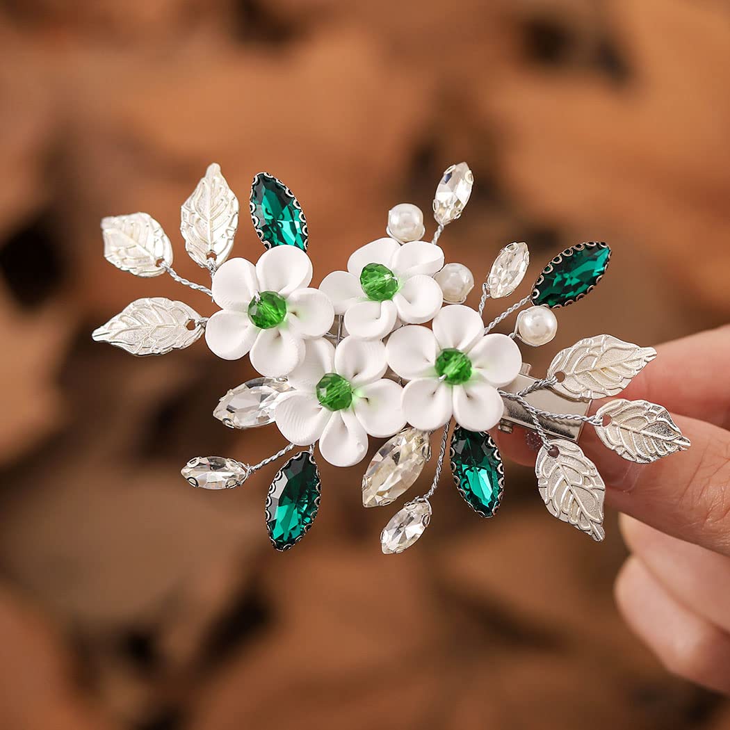 Flower Hair Clip Silver Green Rhinestone Bride Wedding Hair  display picture 3