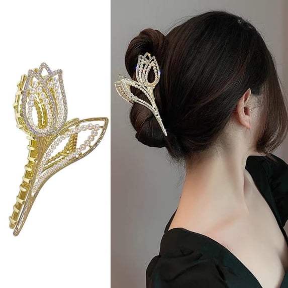 Flower Hair Clips, 1Pcs Tulip Metal Hair Claw Clip with Pearl and Rhinestones Luxury Design Big Jaw Clips Catch Clamps Strong Hold Nonslip Hair Barrettes Hair Accessories for Women Thick Thin Hair