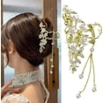 thumbnail image 1 of Flower Hair Clips, Metal Golden Hair Claws White Flower Hair Clips With Pearl Tassels Design, Hair Accessories for Thin Thick Long Short Hair Non-slips for Girls Women, 1 of 7