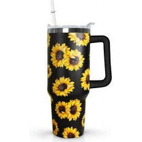 Flower Handle Sunflower Tumbler with Handle Lid and Straw, Sunflower Gifts For Women,40 oz Sunflower Coffee Mugs Cup Stainless Steel Insulated Tumbler,Sunflower Decor