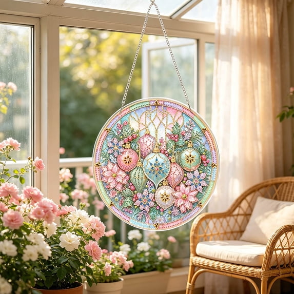 Flower Hanging Diamond Art Kits for Adults, 2D Pearl Diamond Art Suncatcher, 9.41inch Acrylic DIY Art Pendant with Hanging Chain for Window, Wreath, Xmas Party Display
