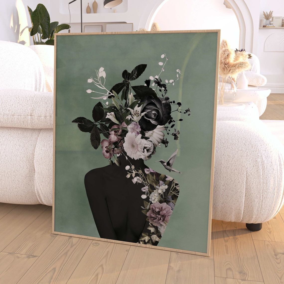 Flower Head Woman Wall Art, Sage Green Decor, Botanical Print ...