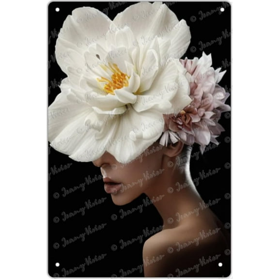 Flower Head Women Metal Tin Signs, Abstract Art Wall Decor Woman Pictures, Modern Feminine Posters Women Face Painting, Floral Woman Head Prints for Bedroom Office Decor 12x8 inches