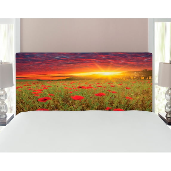 Flower Headboard, Meadow with Grass and Poppies Dark Dramatic Sky in the Background, Upholstered Decorative Metal Bed Headboard with Memory Foam, Full Size, Green Scarlet Cadet Blue, by Ambesonne