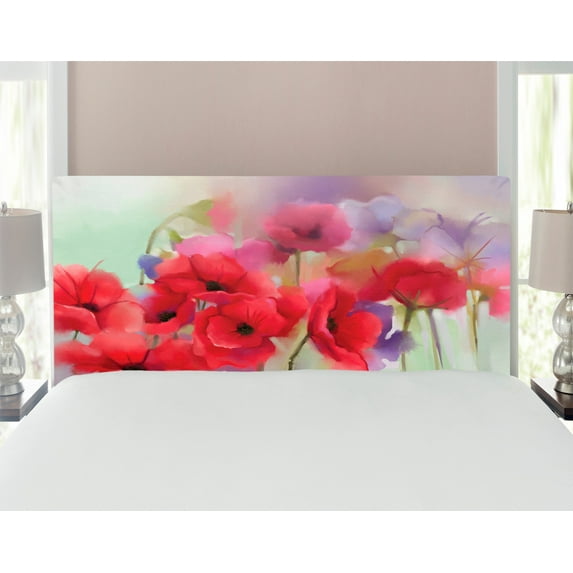 Flower Headboard, Poppy Flowers Blur Spring Floral Seasonal Romantic Illustration Print, Upholstered Decorative Metal Bed Headboard with Memory Foam, Full Size, Lavender and Red, by Ambesonne