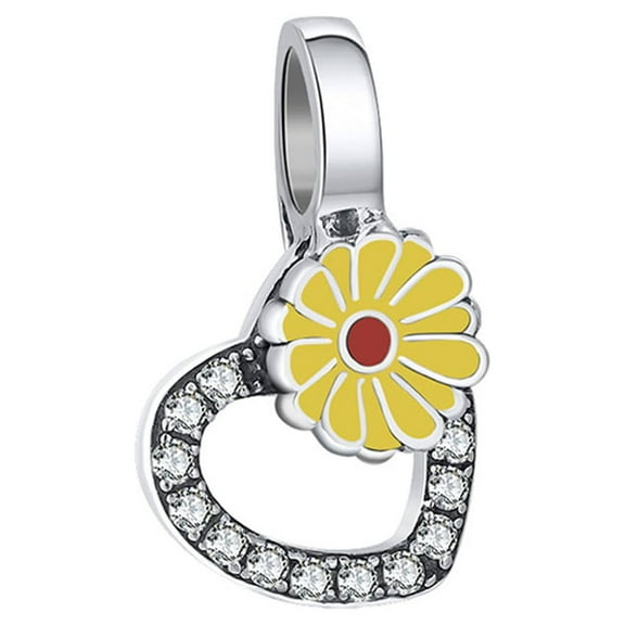 Flower Heart Charm European Bead CZ Sterling Silver Ginger Lyne Collection
