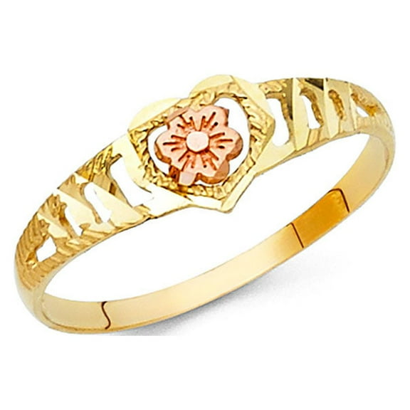 Flower & Heart Ring Solid 14k Yellow Rose Gold Floral Band Diamond Cut Polished Two Tone 6MM Size 7