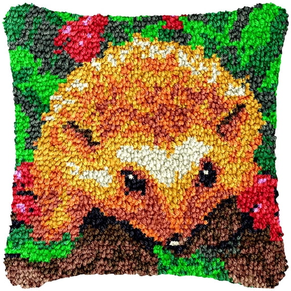 Flower Hedgehog Latch Hook Kits Pillow Cover DIY Rug Making Crochet Hook Cushion Making Kits with Preprinted Pattern Canvas DIY Needlework Crochet Kits Sofa Decor 43x43cm