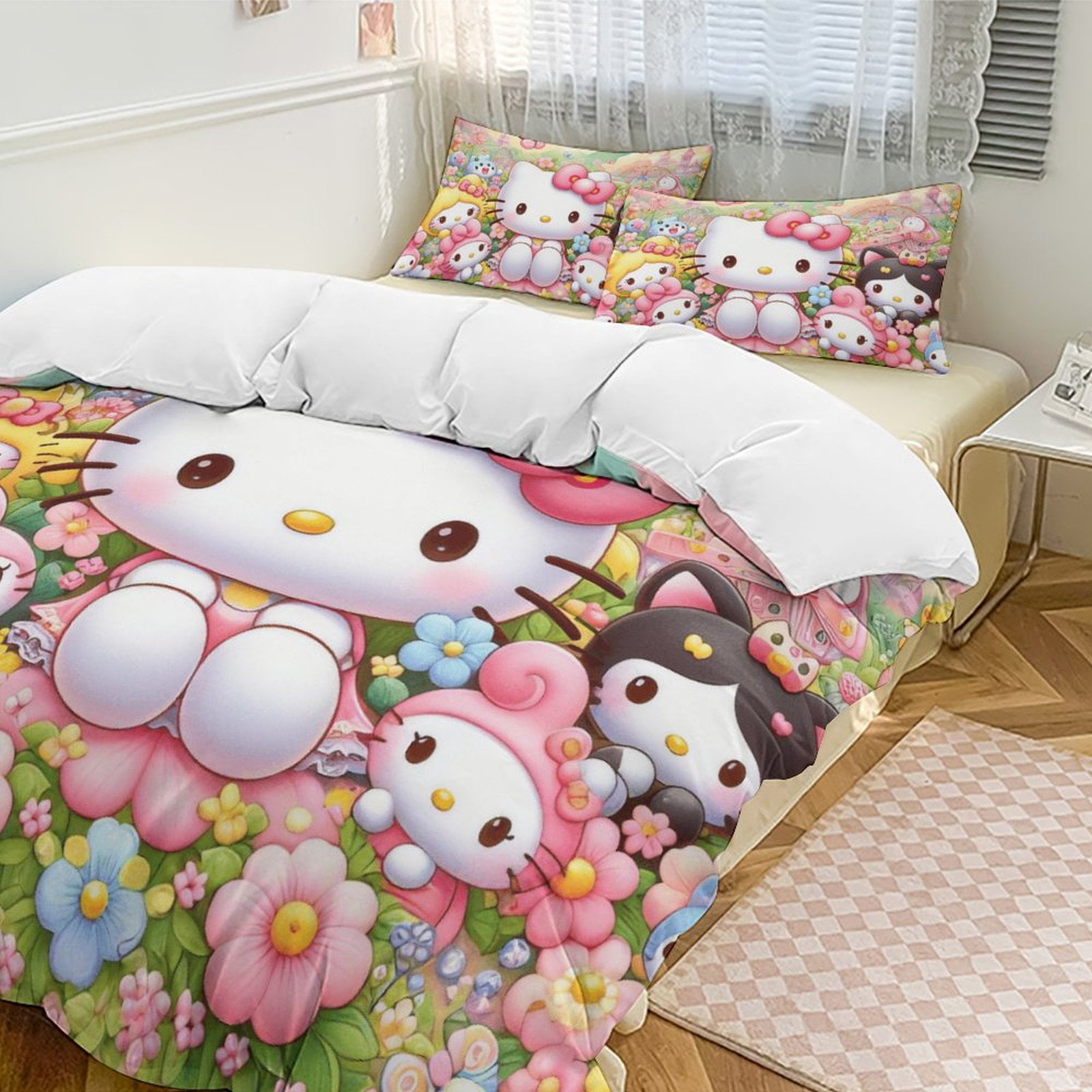 Flower Hello Kitty Comforter Set Soft 3 Pcs Queen Bedding Sets Thicken for All Season, 1 ...
