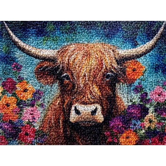 Flower Highland Cow Latch Hook Kits Rug DIY Cushion Tapestry Making Crochet Hook Mat Making Kits Color Preprinted Pattern Canvas DIY Carpet Needlework Crochet Kits 52x38cm (series-102)