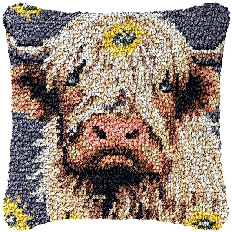 Flower Highland Cow Latch Hook Pillow Cover Kits for DIY Handmade Throw Pillow Cross Stitch Latch Hook Pillowcase Rug Kits with Preprinted Color Pattern Canvas Crochet Yarn Kits 17''X 17''(fv76)